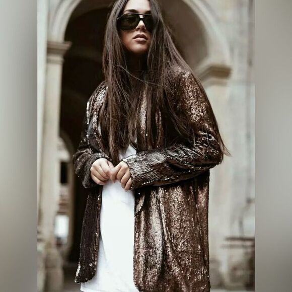 ZARA Metallic two tone Sequin Blazer Jacket Bronze Silver Size S W&B Collection - Picture 1 of 12